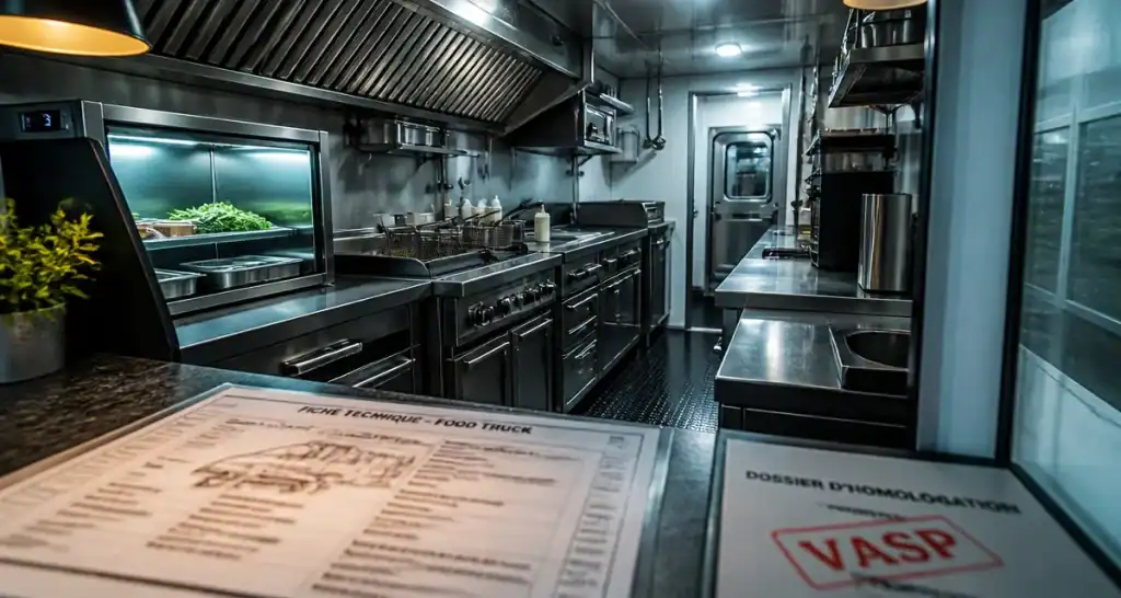 Aménagement food truck : cuisine inox, hotte professionnelle et zone froide
