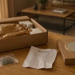 Atmosphera avis : table chêne clair, carton livraison et calage