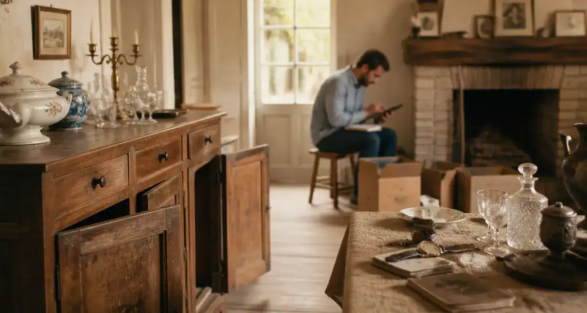 Brocanteurs landes estimant meubles anciens dans une maison landaise