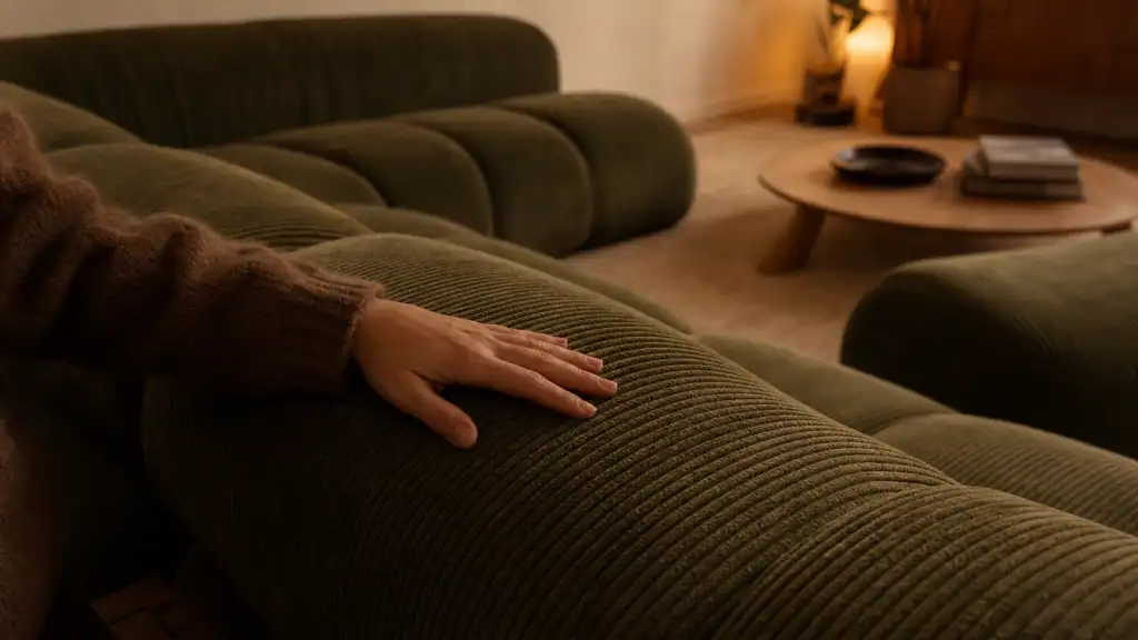 Canape tendance 2024 en velours côtelé vert kaki, design organique