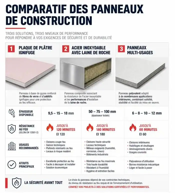 Comparatif des plaques anti-feu disponibles chez Brico Dépôt : plâtre ignifugé, inox et laine de roche, et solutions multi-usages.