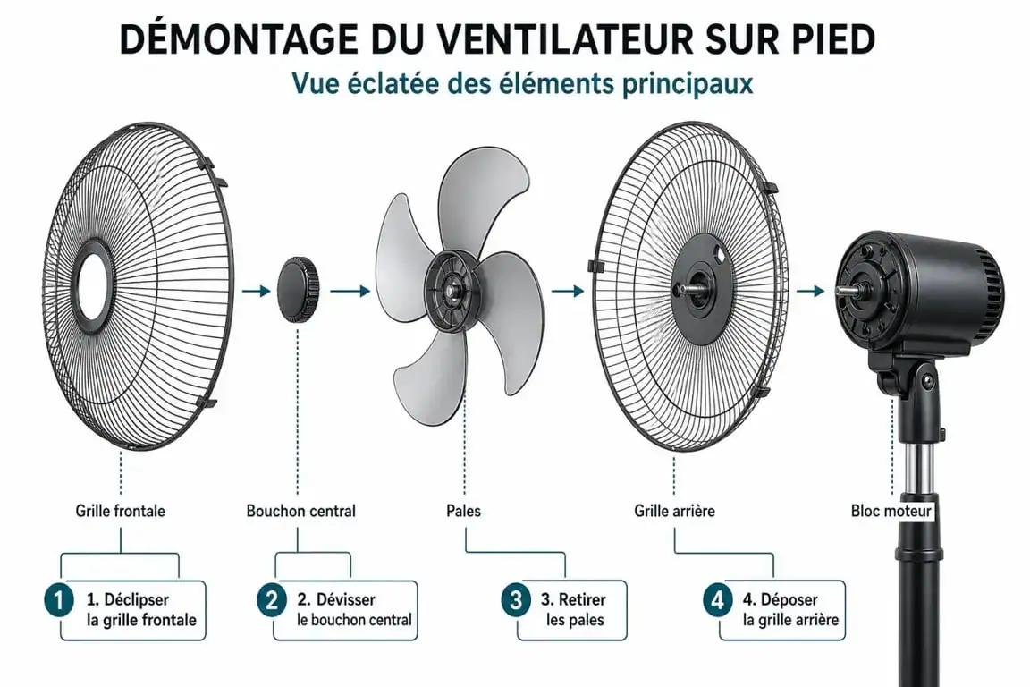 Schéma explicatif des étapes pour démonter un ventilateur sur pied pour le nettoyage