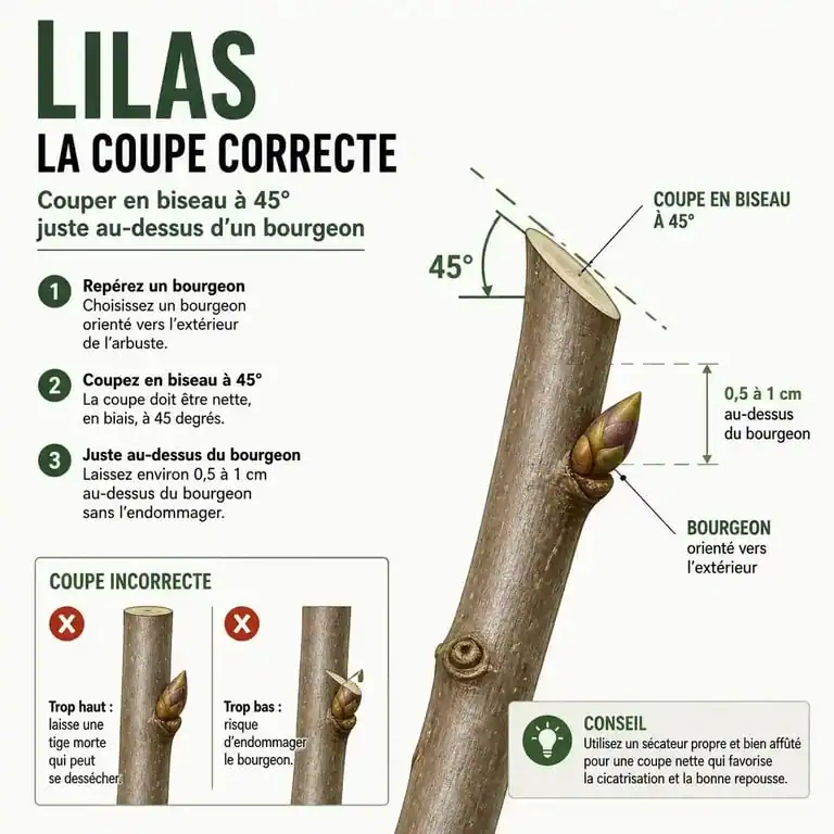 Schéma technique de la taille du lilas : coupe en biseau au-dessus d'un bourgeon