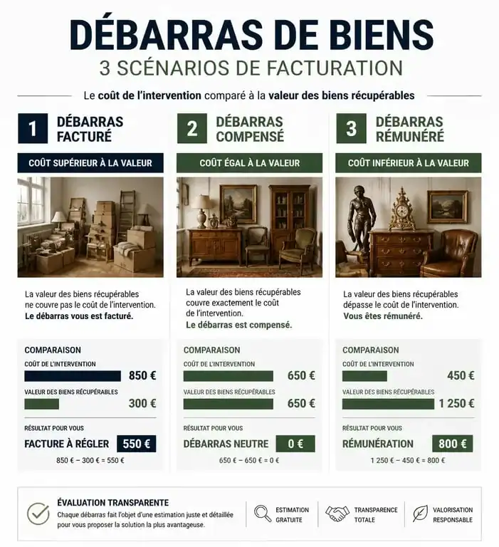 Infographie des trois types de facturation pour un service de débarras à Metz : facturé, compensé et rémunéré.
