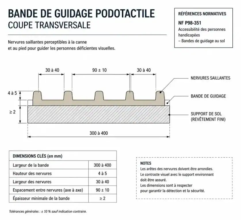 Schéma technique d'une bande de guidage PMR conforme à la norme NF P 98-352