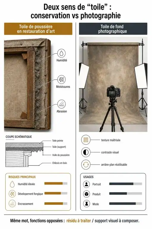 Infographie comparative : toile de poussière en restauration d'art versus toile de fond pour photographie