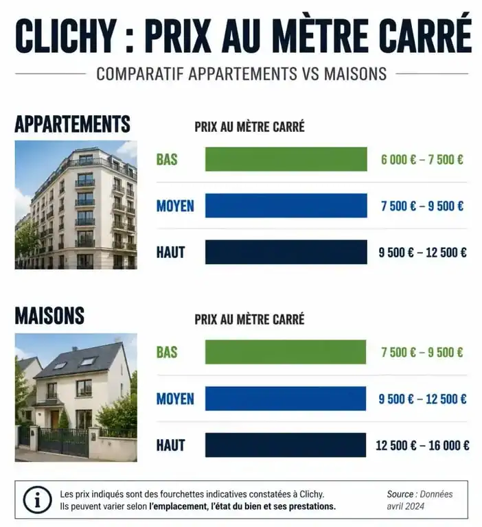 Graphique comparatif des prix de l'immobilier à Clichy par type de bien : appartement et maison.
