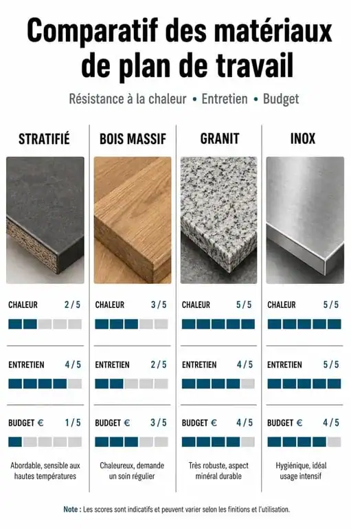 Infographie comparative des matériaux pour plan de travail Bricorama : stratifié, bois massif, granit et inox.