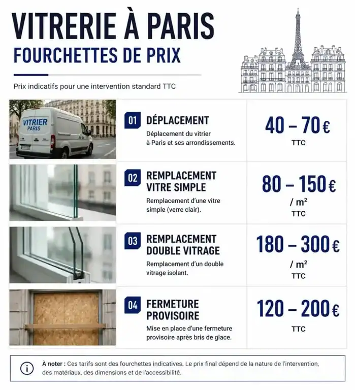 Infographie des tarifs moyens d'un artisan vitrier à Paris pour une intervention d'urgence ou remplacement de vitrage