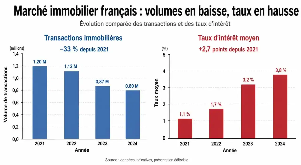 Infographie sur la crise immobilière en France : évolution des taux de crédit et baisse des volumes de transactions