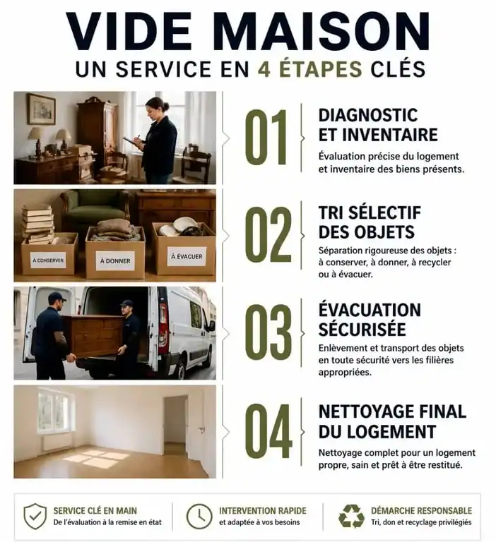 Étapes d'un service de vide maison à Tarbes : diagnostic, tri, évacuation et nettoyage