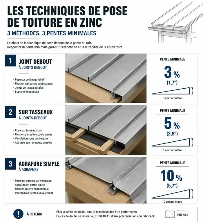 Infographie des pentes minimales pour toiture en zinc selon la technique de pose