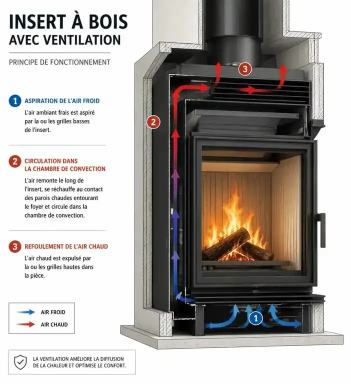 Schéma de fonctionnement d'un insert avec ventilateur montrant le flux d'air chaud