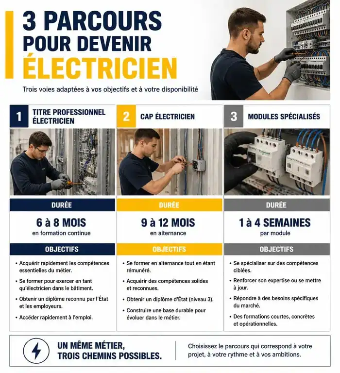 Infographie comparative des parcours de formation rapide pour devenir électricien