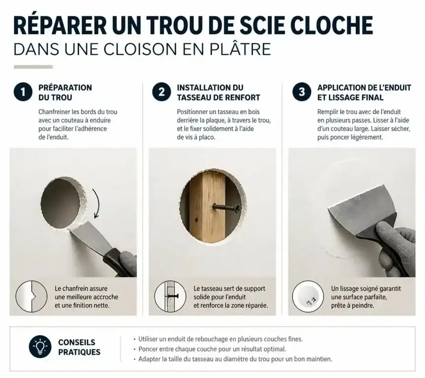 Étapes pour reboucher un trou de scie cloche dans une cloison en placo