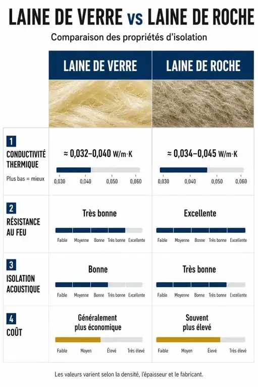 Tableau comparatif des performances entre la laine de verre et la laine de roche pour l'isolation thermique