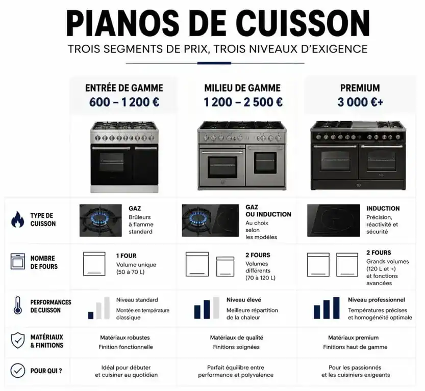 Infographie comparative des prix des pianos de cuisine selon les gammes et options techniques