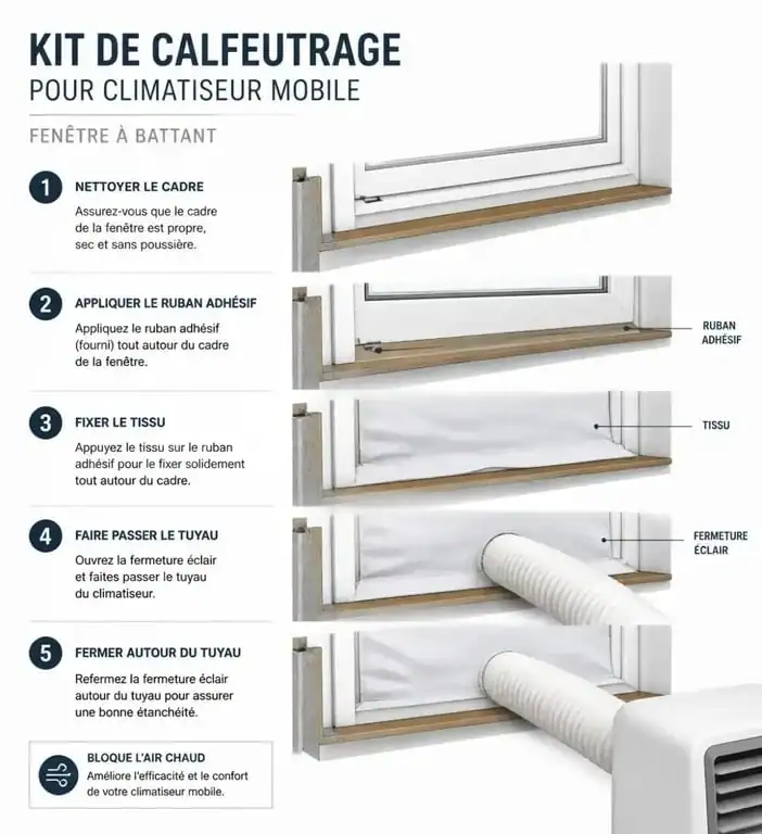 Installation d'un kit de calfeutrage pour climatiseur mobile sur une fenêtre