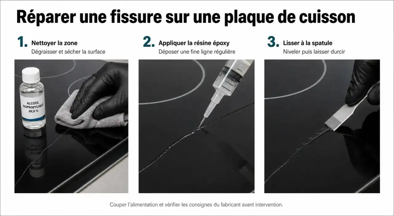 Étapes de réparation d'une fissure sur une plaque induction avec de la résine