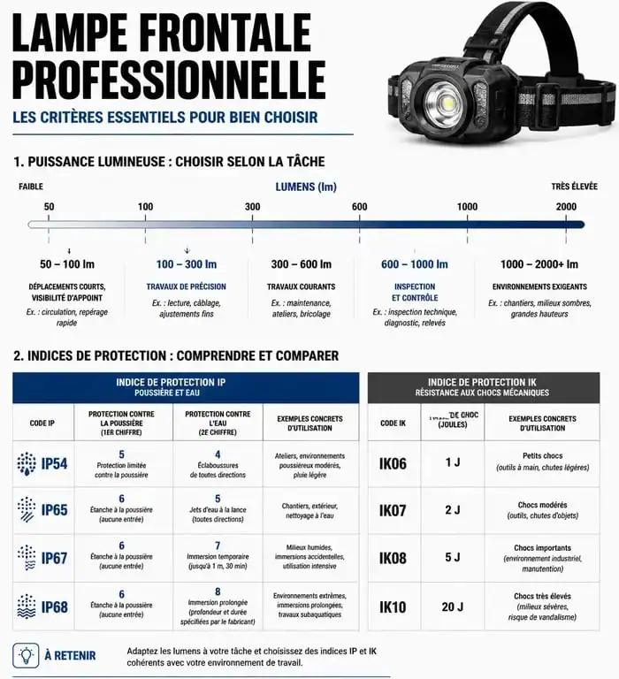 Infographie des critères techniques pour choisir la meilleure lampe frontale pour travailler : lumens, IP et IK