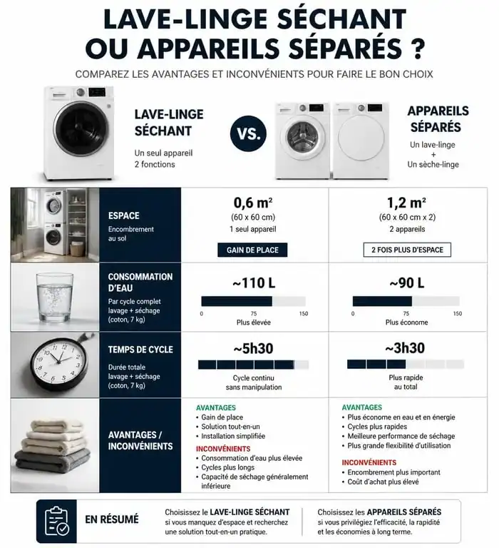 Comparatif lave-linge séchant vs appareils séparés : avantages et inconvénients pour choisir son équipement.