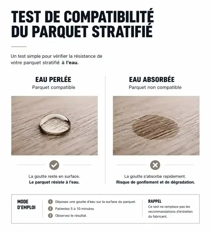 Test de compatibilité d'un parquet stratifié avant utilisation d'un nettoyeur vapeur