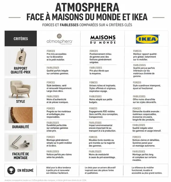 Tableau comparatif Atmosphera vs Maisons du Monde et IKEA pour évaluer les avis sur la marque