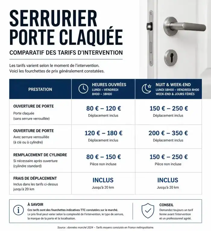 Tableau comparatif des tarifs d'un serrurier pour une porte claquée selon l'horaire d'intervention