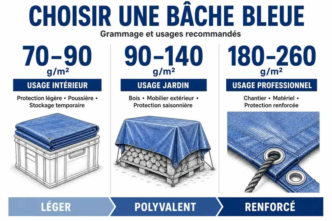Infographie comparative des grammages et usages des bâches bleues pour le bricolage et le jardinage