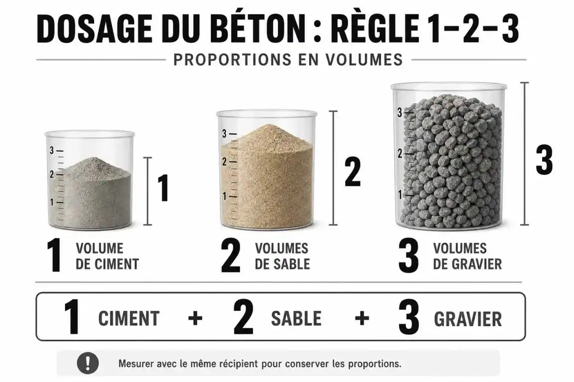 Infographie illustrant la règle de dosage 1-2-3 pour la préparation du béton et le tableau dosage ciment sable