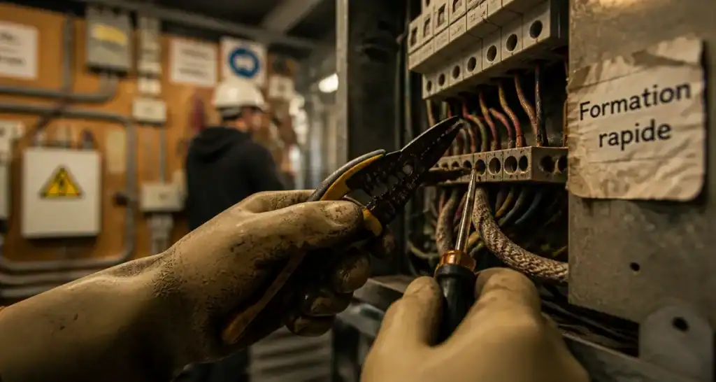 Formation rapide electricien : gants et outils sur tableau électrique
