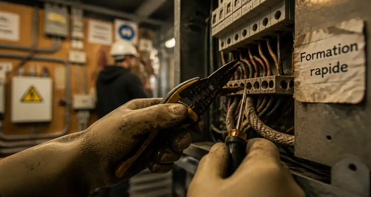 Formation rapide electricien : gants et outils sur tableau électrique