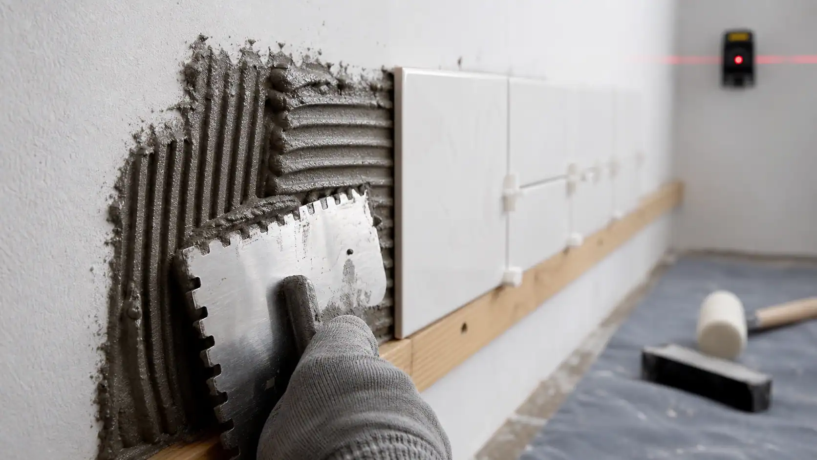 Pose carrelage mural : colle sur mur et tasseau en bois