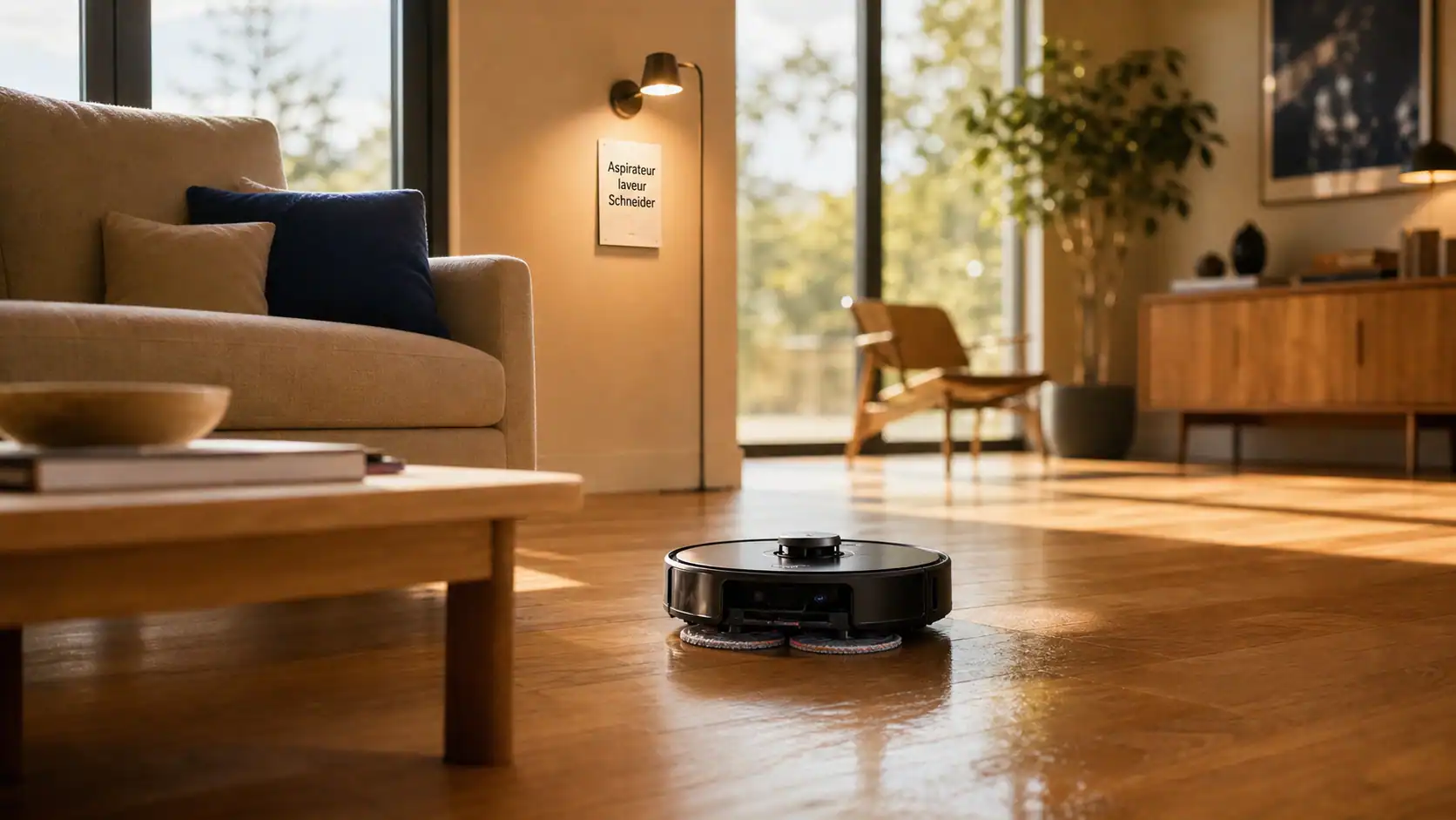 Robot aspirateur laveur Schneider avis en salon lumineux, aspirateur laveur