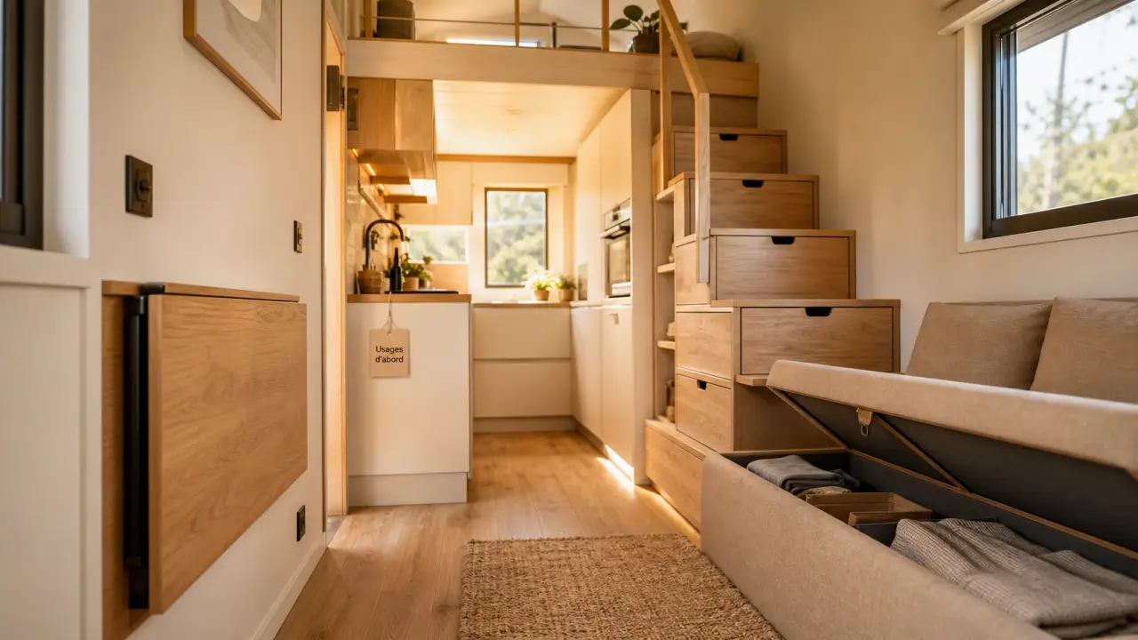 Aménagement tiny house : table escamotable, rangement et lumière naturelle