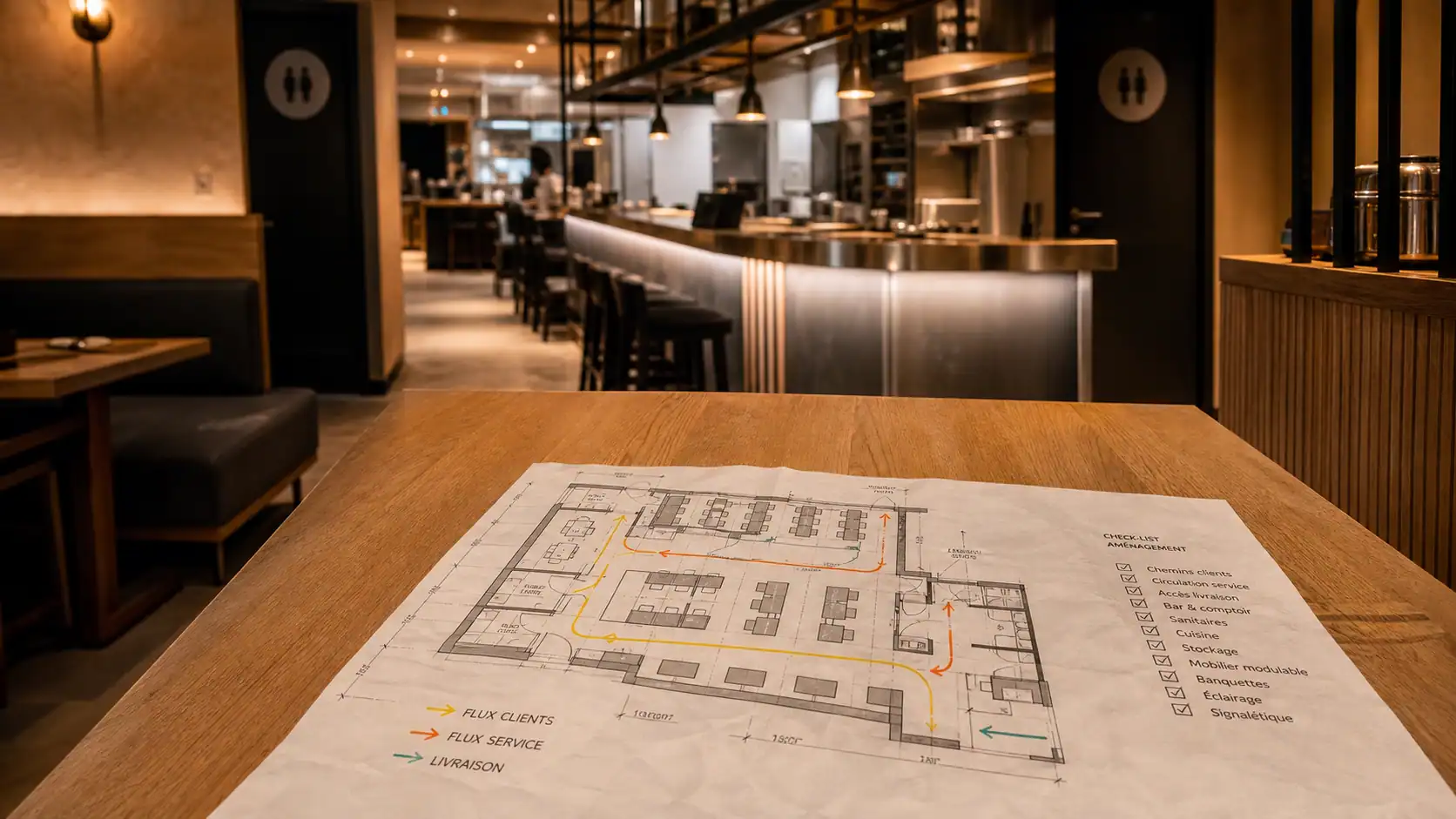 Aménager un restaurant : salle et flux avec mobilier en cours d’aménagement