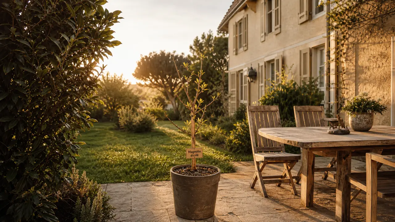 Magnolia étoilé en pot dans un petit jardin résidentiel