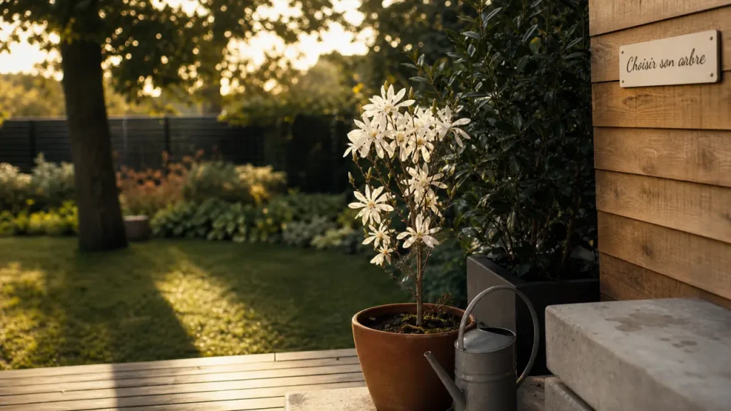 Arbre a planter : magnolia étoilé en pot, arbre d’ombre
