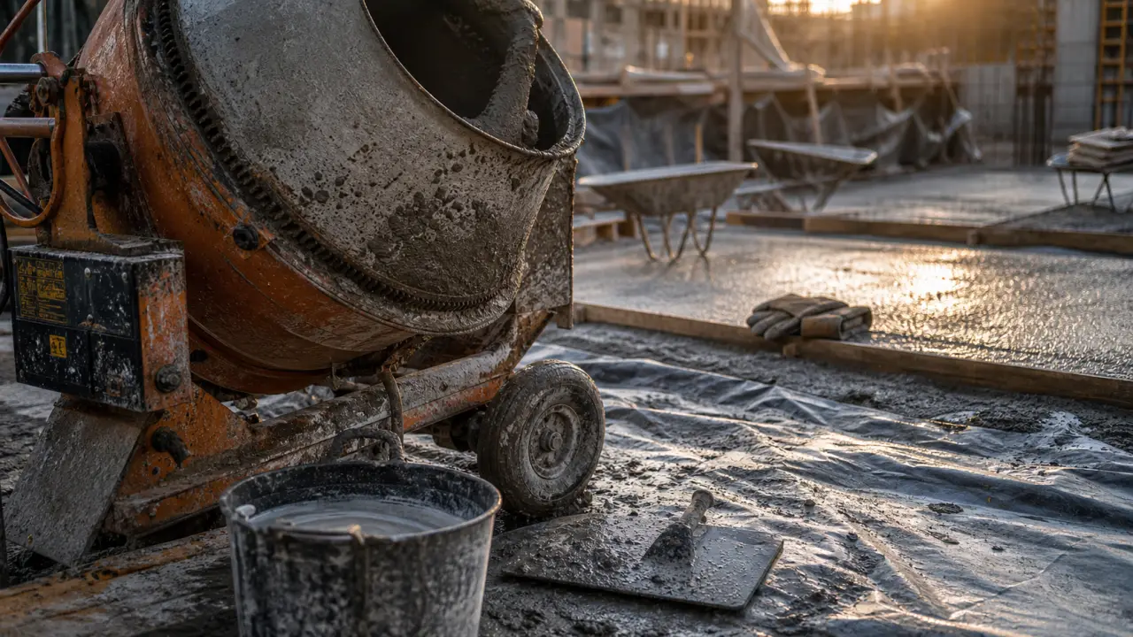 Bétonnière électrique sur chantier, cuve métallique et béton