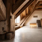 Charpente apparente bois dans un salon sous comble, isolation préservée
