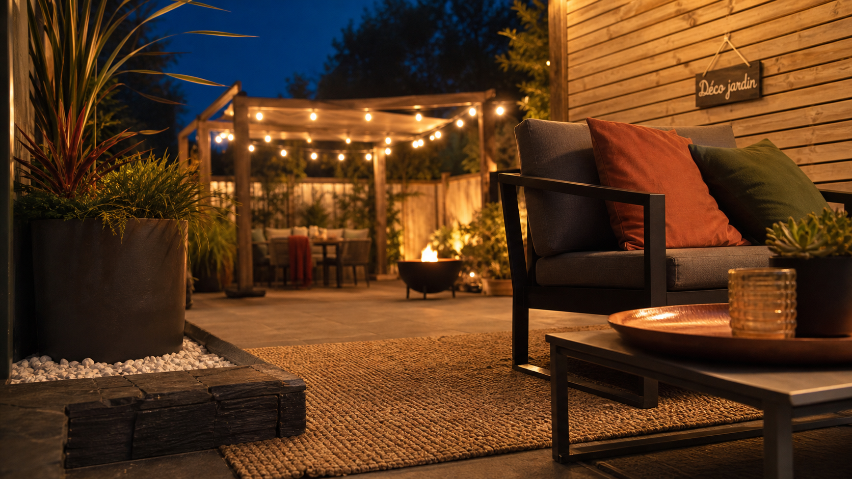 Déco jardin extérieur : lumière, bordures en ardoise, terracotta