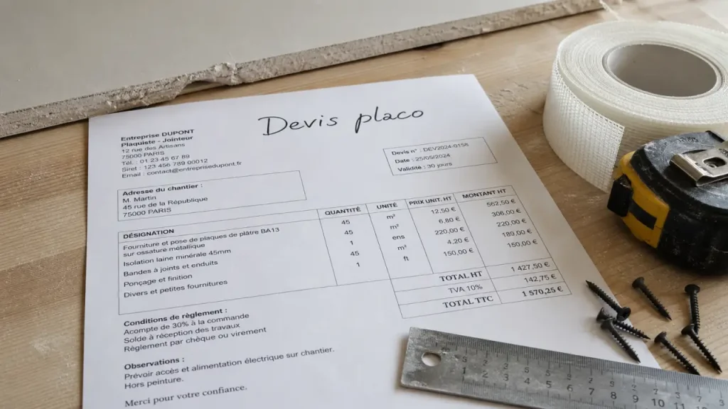 Devis placo : 20 à 60 €/m² et les lignes à vérifier avant de signer