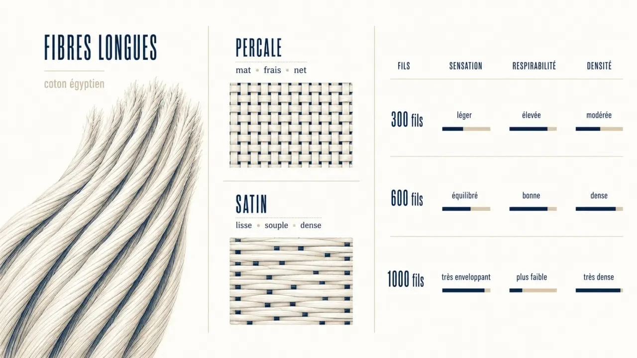 Coton egyptien : illustration comparant fibres longues, percale, satin et nombre de fils