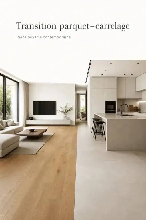 Salon parquet cuisine carrelage dans une pièce ouverte avec transition nette entre les deux sols