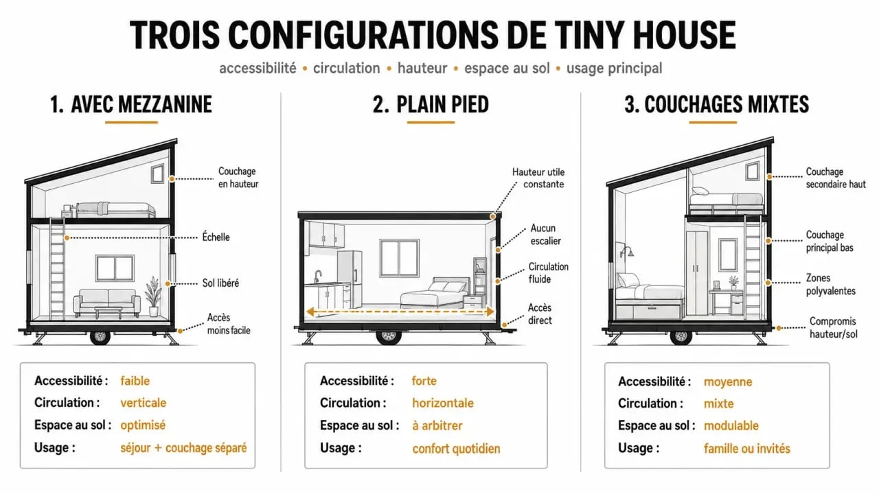 Comparatif tiny house plain pied, mezzanine et couchages mixtes dans une illustration éditoriale