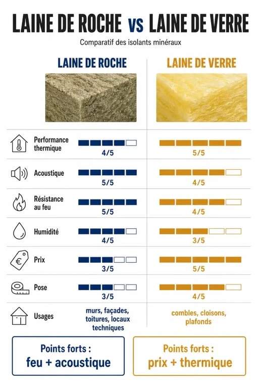 Laine de roche et laine de verre : comparatif visuel des performances, usages et prix
