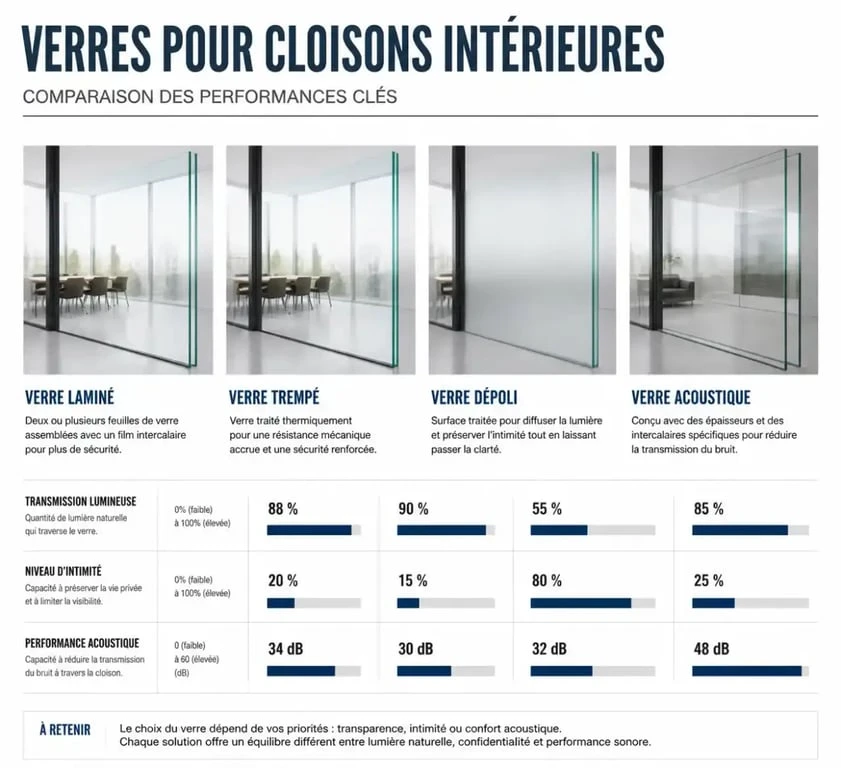 Tableau comparatif des types de verre pour une vitre pour cloison intérieure : feuilleté, trempé, dépoli et acoustique.