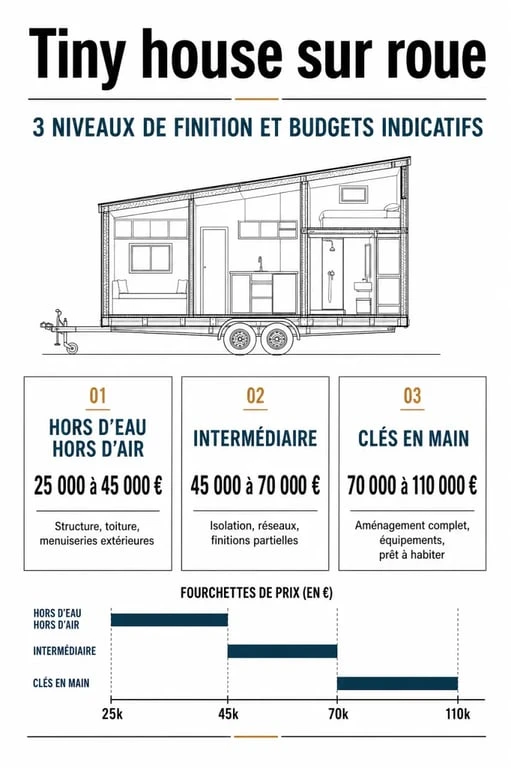 Infographie comparative des niveaux de finition et prix d'une tiny house sur roue