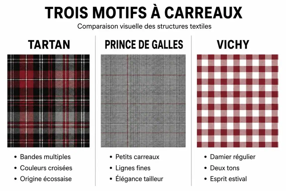 Comparatif visuel des motifs tartan, Prince de Galles et vichy pour le choix de votre tissu