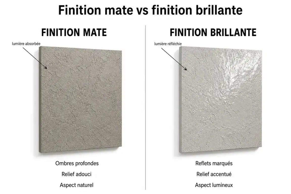 Comparatif visuel des finitions d'enduit décoratif structuré : rendu mat vs rendu brillant pour Reliefex